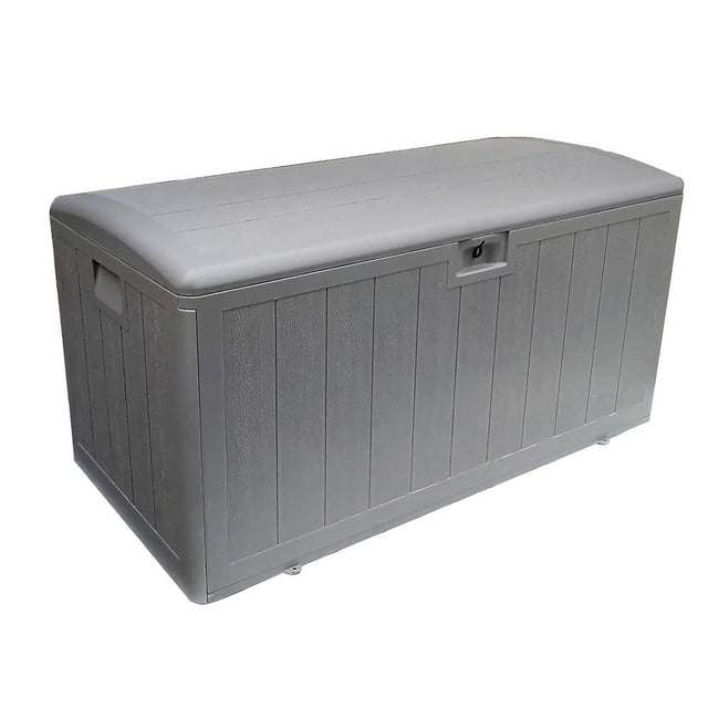 Plastic Development Group 105-Gallon Resin Outdoor Storage Patio Deck Box in driftwood gray. This weather-resistant deck box features a double-wall resin construction, molded lid, and lid retainer straps for secure storage. The wood-like pattern complements outdoor decor, ideal for storing cushions, tools, and pool toys. Dimensions are 24 x 48 x 26.5 inches.