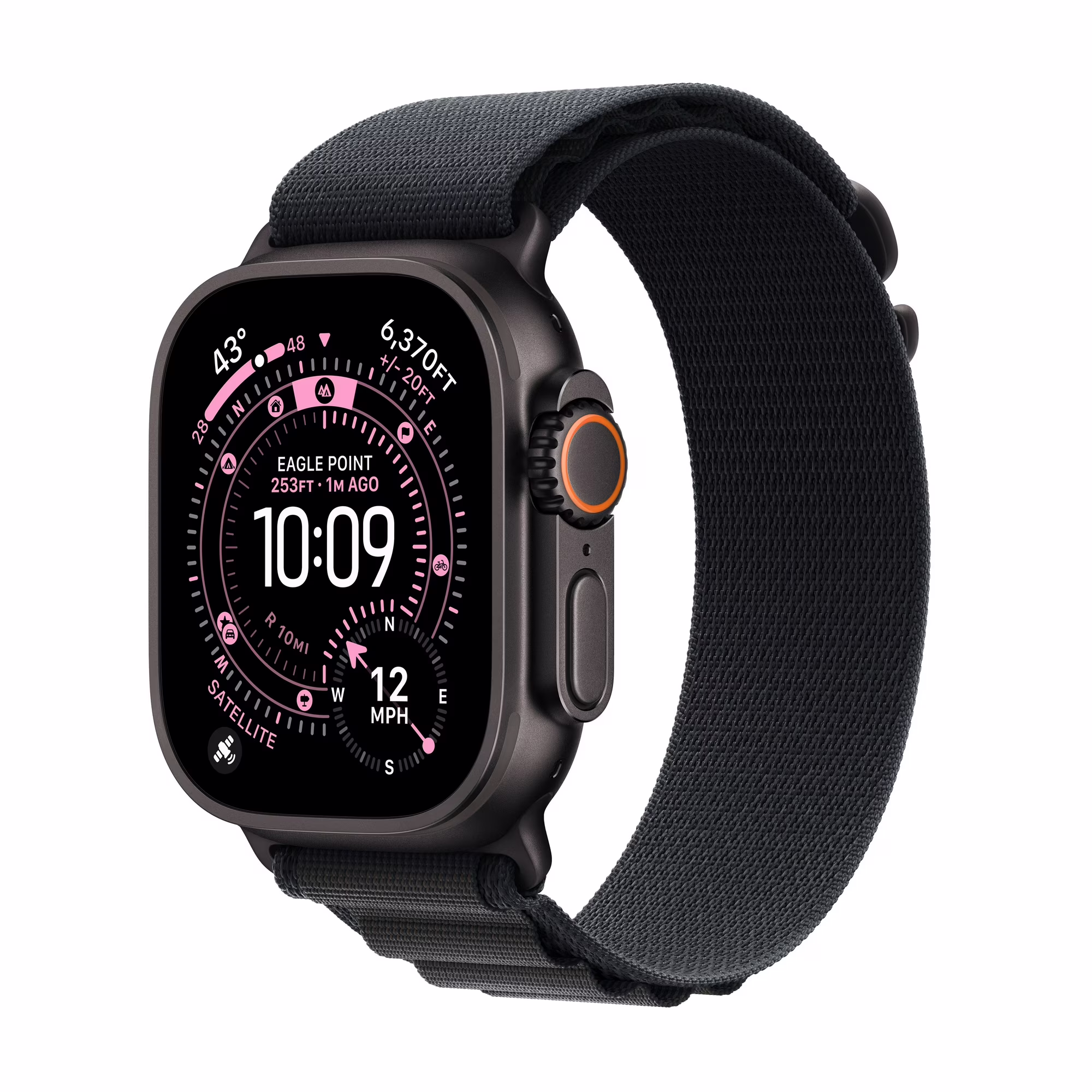 Apple Watch Ultra 3 (GPS + Cellular) 49mm Black Titanium Case with Black Alpine Loop - Medium centered front-facing view of the 49mm smartwatch with black titanium case and medium Black Alpine Loop, Always-On Retina display active, Action Button and digital crown visible, precision dual-frequency GPS and GPS + Cellular multisport smartwatch often used as a travel activity tracker.