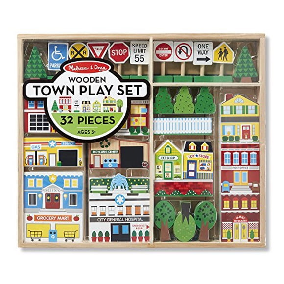 Melissa & Doug Wooden Town Play Set With Storage Tray (32 Pcs)