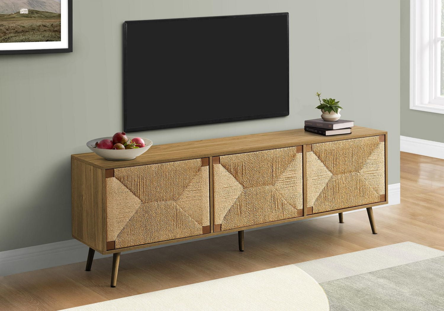 Monarch Specialties Meuble Tv, 72 Pouces, Centre De Divertissement Média, Armoire De Rangement, Console, Stratifié Noyer, Herbes Marines Naturelles, Mid Century, Moderne