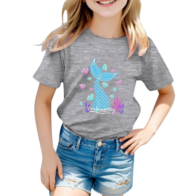 T-shirts pour Filles, Imprimé Graphique Océan Mignon, Manches Courtes, Hauts Amples, Gris 10-11 Ans