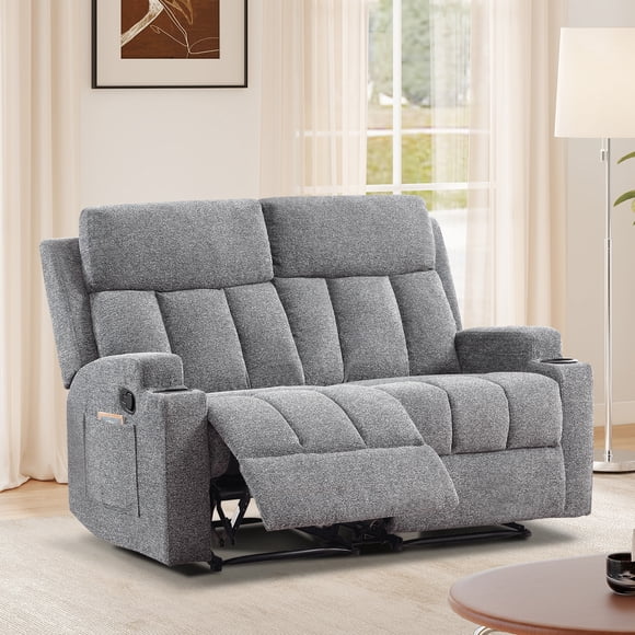 Bonzy Home Reclining Loveseat, 2-Seater Manual Recliner with Cup Holders & Side Pockets, Fabric Reclining Sofa for Living Room, Home Theater, Light Gray