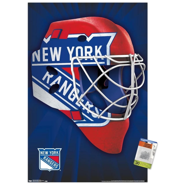 NHL New York Rangers - Mask 16 Wall Poster, 22.375" x 34" featuring a front-facing hockey goalie mask with the New York Rangers logo in red, white, and blue on a dark blue background with radiating light beams, printed on glossy poster paper suitable for bedroom, office, or dorm wall décor.