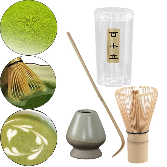 Traditional Japanese Matcha Set including a bamboo whisk, ceramic whisk holder, tea spoon, and matcha powder container. The whisk holder features a light green ceramic finish, and the bamboo whisk is crafted for frothing matcha tea. Suitable for tea ceremonies, beginners, or professionals, this set is made from durable ceramic and bamboo materials. Often used as Japanese tea accessories or a thoughtful gift.