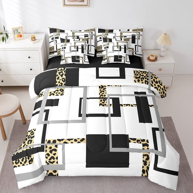 YST Ensemble de Douillette Mi-Siècle Moderne Simple 7 Pcs, Ensembles de Literie à Rayures Géométriques, Lit en Sac Noir Blanc Brun, Ensembles de Lit Réversibles à Guépard Abstrait avec Drap Plat et Drap-Housse, Couvre-Oreillers