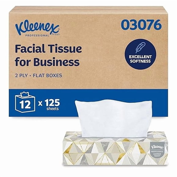 Kleenex® Mouchoirs Faciaux Professionnels, en Vrac (03076), 2 Épaisseurs, Blanc, Boîtes Plates de Mouchoirs Faciaux pour Affaires, Étui Pratique (125 Mouchoirs/boîte, 12 Boîtes/caisse, 1 500 Mouchoirs/caisse)