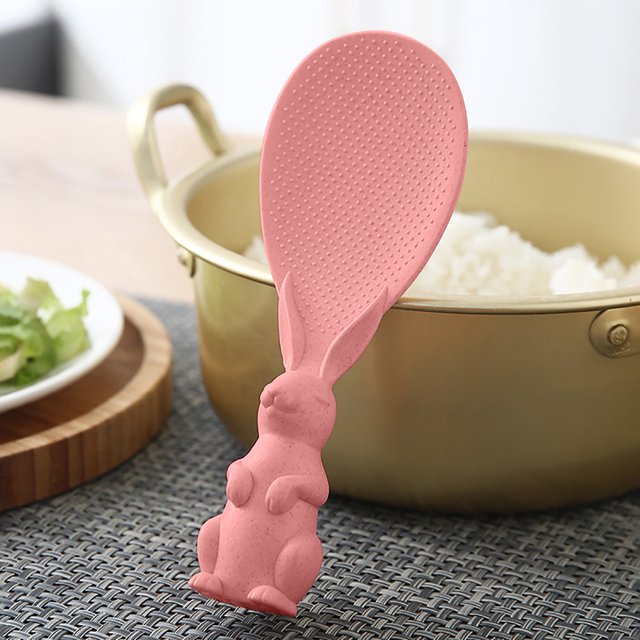 Oleegame 1PC Stainless Steel Cutlery Set Cute And Creative Rabbit Can Be Vertical Non Stick Rice Spoon Rice Shovel Straw Plastic Rice Spoon Red