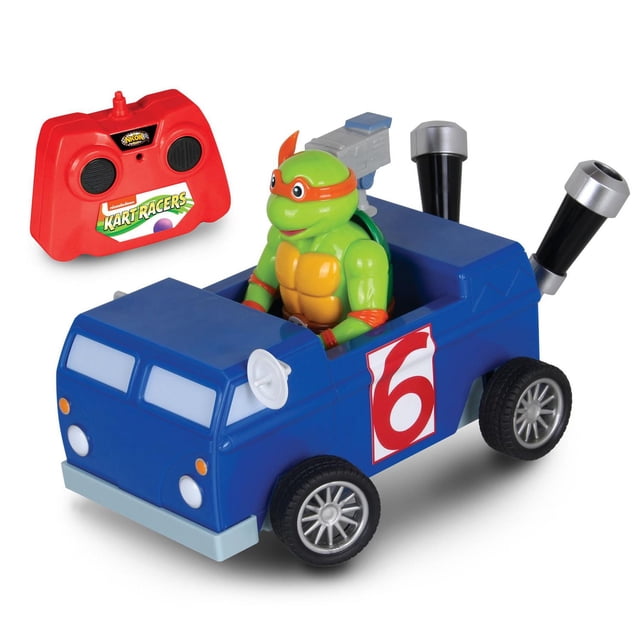 NKOK TMNT Michelangelo Channel 6 RC Car (2403) - Blue/Red is a blue remote control news van racer with a red number 6 decal, featuring a green Michelangelo figure with an orange mask in the driver seat, paired with a red 2.4 GHz wireless controller offering up to 100-foot range and multi-racer capability, ideal for stunt racing and play.