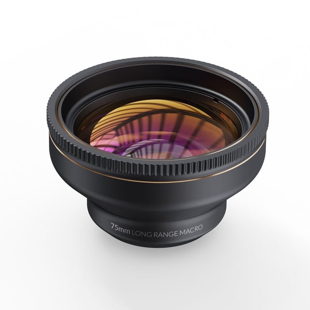 ShiftCam LensUltra 75mm Long Range Macro Lens in black with matte finish and gold accent ring, shown in a close-up 3/4 angle. The lens features multi-coated glass with purple and amber reflections and is designed for detailed long-range macro photography compatible with ShiftCam mounts.