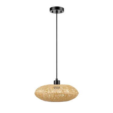 Globe Electric Luminaire suspendu noir mat à 1 ampoule avec abat-jour en bambou blond