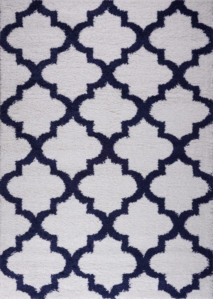 Ladole Rugs Grant Shaggy Fes Made in Europe Beautiful Abstract Polypropylene Area Rug Carpet in Dark Blue White 6'5" x 9'5"