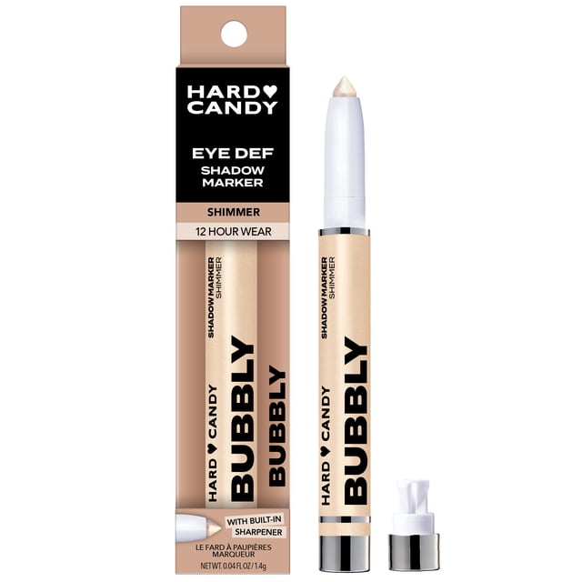 Hard Candy Eye Def Eyeshadow Stick in Bubbly shimmer finish with built-in sharpener, shown with packaging and cap removed, featuring a creamy, budge-proof formula for 12-hour wear.
