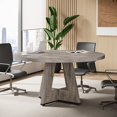 thumbnail image 3 of Tribesigns 47-Inch Round Wooden Conference Table for 4-6 People, Modern Meeting Room Table with Thick Tabletop, Wood Base, and Adjustable Foot Pads, Brown, 3 of 6