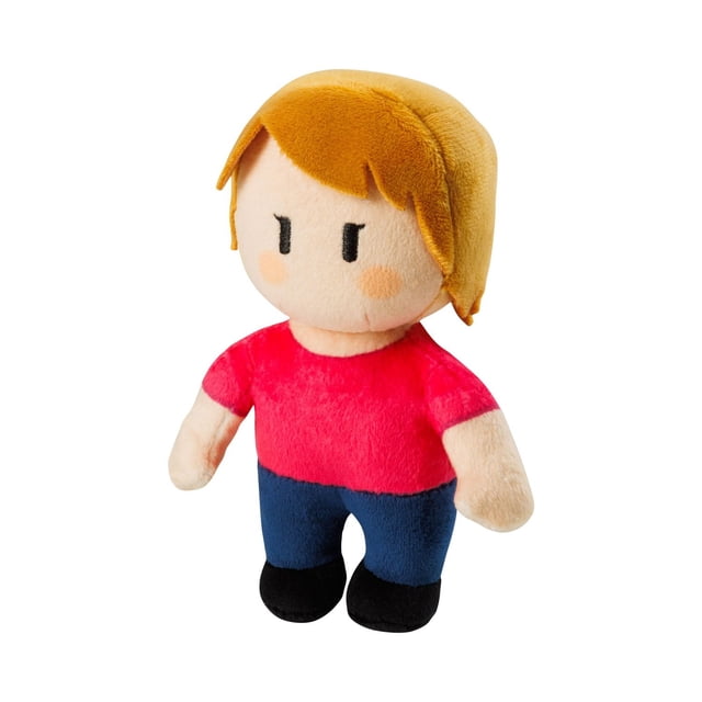 Stumble Guys 16.5 cm / 6.5 inches Plushies - Ms. Stumble, a front-facing soft plush toy with orange-brown hair, black embroidered eyes, rosy cheeks, wearing a red shirt, blue pants, and black shoes on a white background, suitable for collectors and fans of plush toys.