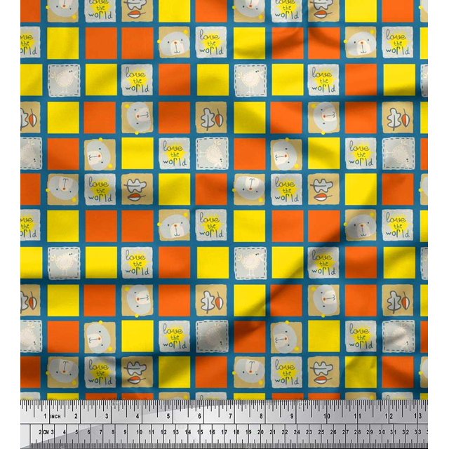 Soimoi Silk Fabric Geometric Square,Text & Bear Face Kids Print Fabric by Yard 42 Inch Wide
