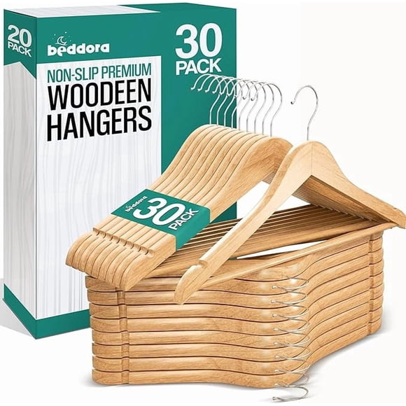 Beddora Wooden Hangers 30 Pack, Natural Wood Heavy Duty Clothes Hangers with Non-Slip Finish, 360° Swivel Hooks, Space Saving Closet Organizer for Coats, Suits & Shirts