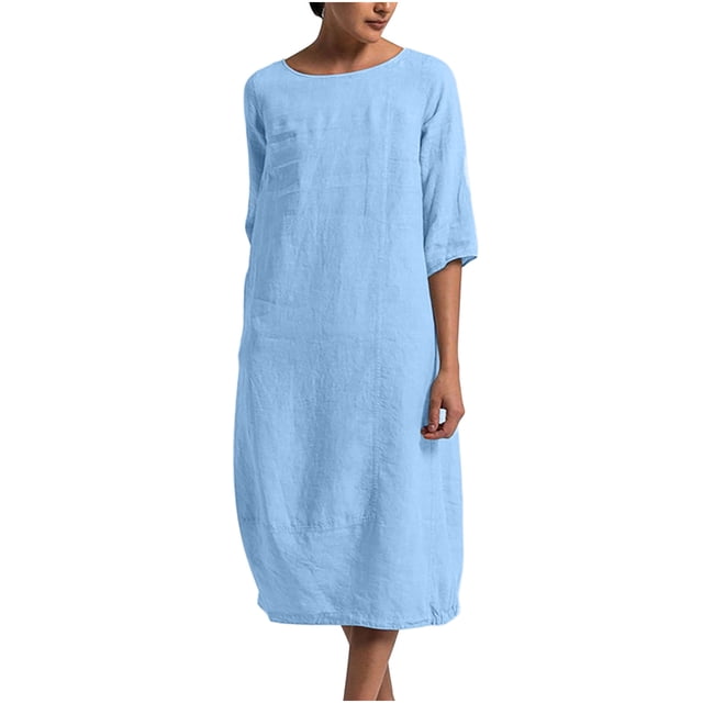RKSTN Robe Maxi pour Femme Grande Taille Robe d'Été Simple Coton-Lin Col Rond Robe de Plage Manches Courtes Plissée Ligne A Robe Midi