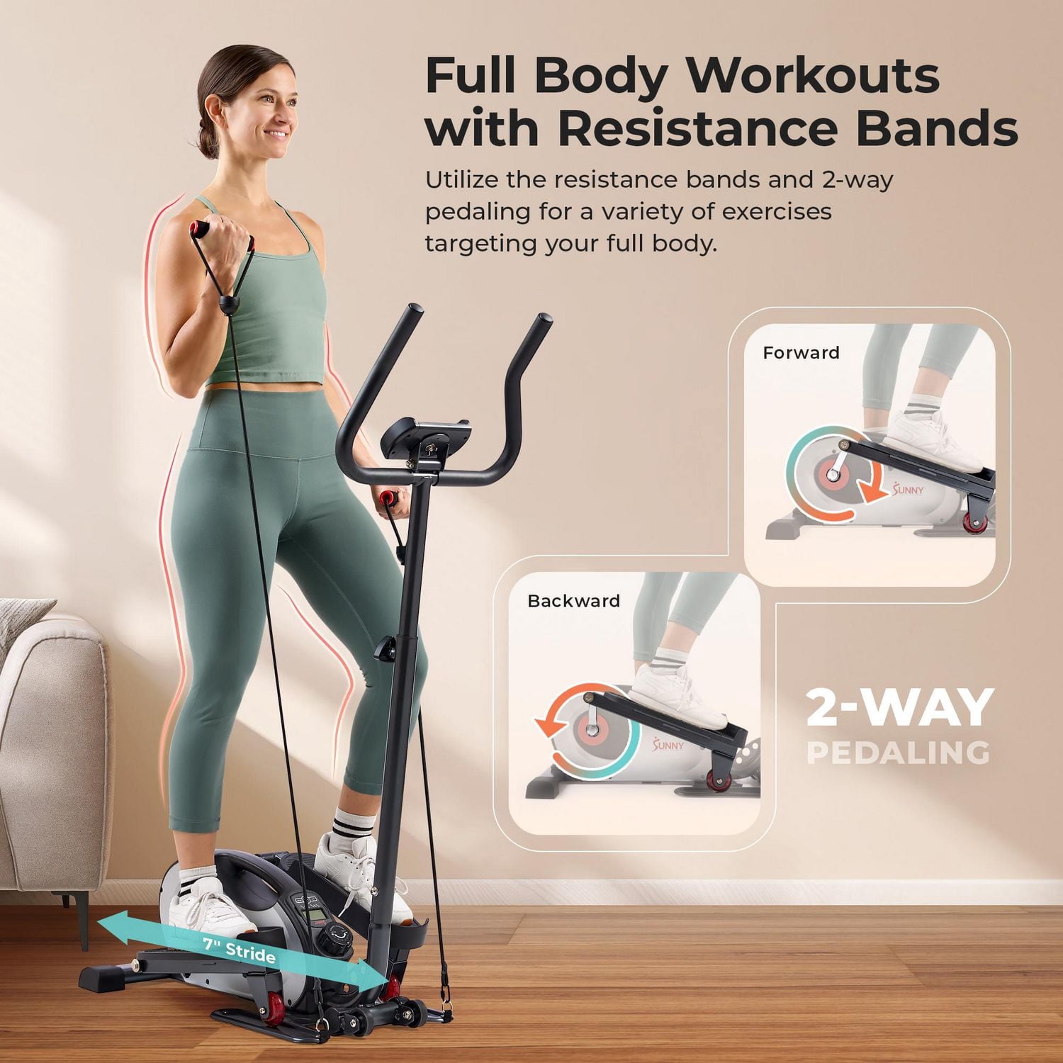 Sunny Health & Fitness Machine Elliptique Mini 2 en 1 Assis/Debout, Pédalier Portable sous Bureau pour Exercices à Domicile pour Seniors, Application Sunnyfit Gratuite avec Connexion Bluetooth, Barres