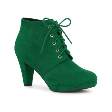BLISSFUL STEP Women's Ankle Boots Lace Up Platform Chunky Heel Emerald Green 9