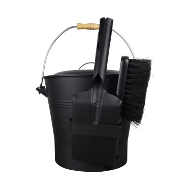Smedley & York Black Ash Bucket with Lid, Includes A Firepit Shovel and Broom, 2 Gallon Fireplace Metal Bucket with Lid, Charcoal Bucket and Ash Can, Galvanized Iron Ash Bucket for Fireplace