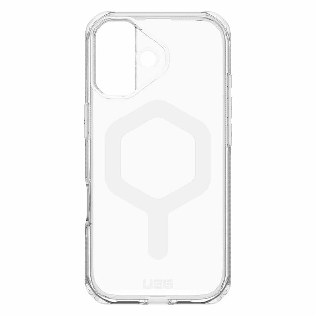 UAG Plyo MagSafe Case Ice/White for iPhone 17 with a clear, slim TPU shock-absorbing frame and transparent PC backplate featuring a white hexagonal MagSafe alignment, raised camera bezel, oversized tactile buttons, and wireless charging compatibility.
