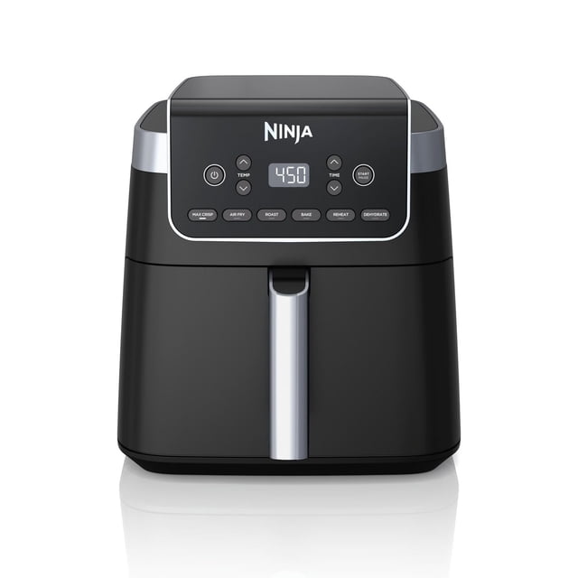 Ninja® Air Fryer Pro XL 6-in-1 in grey with digital display set to 450°F, control buttons for Max Crisp, Air Fry, Roast, Bake, Reheat, and Dehydrate, and a front handle on a 6.5-quart ceramic-coated nonstick basket for cooking up to 9 lbs of food with little to no oil, ideal for healthier frying and versatile meal preparation.