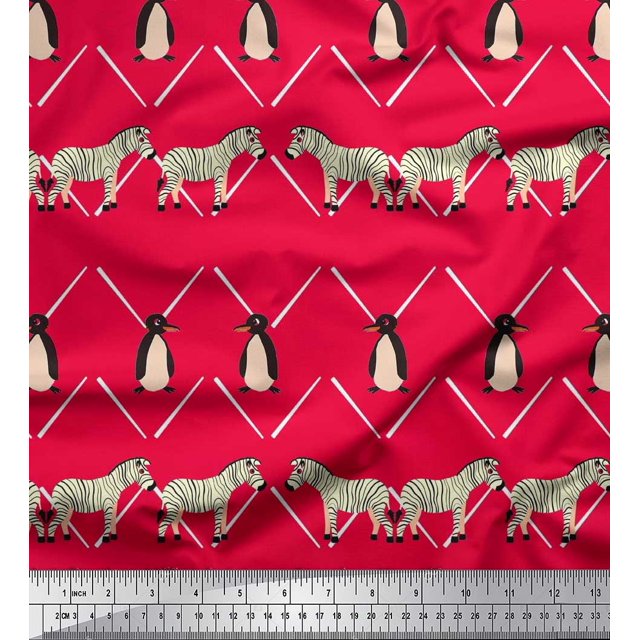 Soimoi Tissu en Rayonne Rouge Penguin & Rayures Imprimés d'Animaux au Mètre 42 Pouces de Large