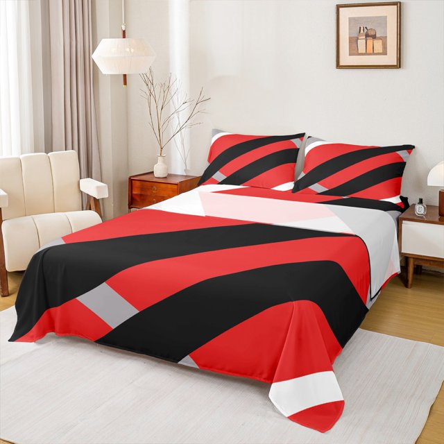 Erosebridal Ensemble de Draps à Rayures Géométriques Format Grand, Ensembles de Literie Art Abstrait Moderne Format Grand, Draps Rouges et Noirs Grand, Décoration de Chambre Super Douillette, 4 Pcs
