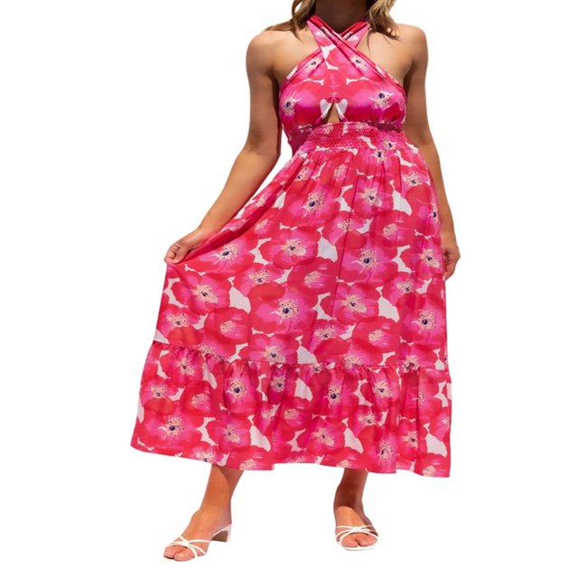 Robe Maxi d'Été Sans Manches à Encolure Croisée à Carreaux Découpée Dos Nu Fluide Rose TG