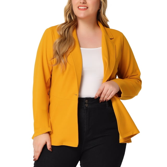 Agnes Orinda Women's Plus Size Blazer Button Notch Panel Ruffle Peplum Blazers 1X Yellow