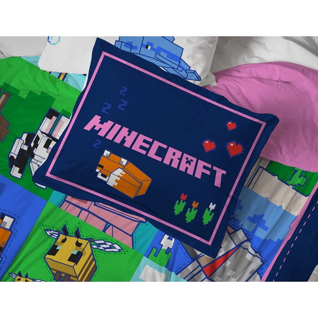 Jay Franco Minecraft Animal Patch 7 Piece Full Bed Set - Includes Comforter & Sheet Set Bedding - Super Soft Fade Resistant Microfiber (Official Minecraft Product)