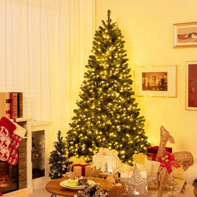Gymax 7 FT Pre-Lit Artificial Christmas Tree Hinged Xmas Tree w/ 1188 Branch Tips & 700 LED Lights