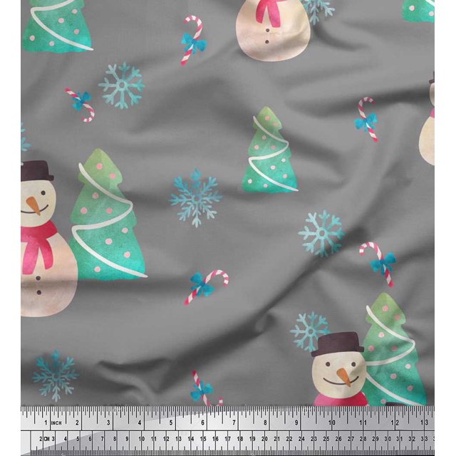 Soimoi Grey Rayon Fabric Snowman & Tree Christmas Print Fabric by Yard 56 Inch Wide