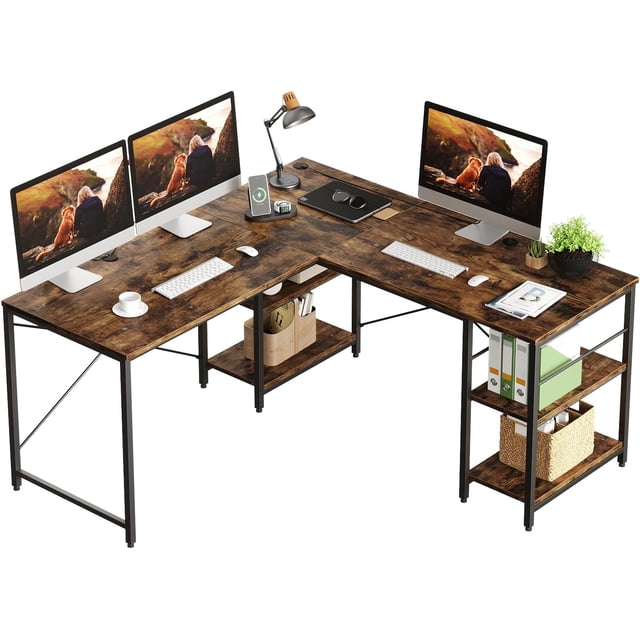 Bestier 95.5 inches L-Shaped Computer Desk Long Table for Home Office for Kids and Adults in a rustic finish. This desk offers a reversible design, functioning as a 55-inch corner desk or a 95-inch long desk. It features 4-tier adjustable shelves, 3 cable holes, and a durable metal frame with a triangle strut for stability. The melamine-coated surface is waterproof, scratch-resistant, and easy to clean. The desk is displayed with monitors, a lamp, and accessories, showcasing its spacious workspace and versatile storage options.