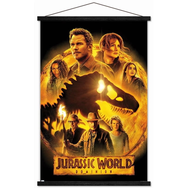 Monde Jurassique : Dominion - Affiche Murale en Feuille de Groupe un, 14,725 Po x 22,375 Po Encadrée, Représentant un Groupe de Personnages devant une silhouette de Crâne de T. rex Jaune-Orange Lumineuse sur Fond Noir avec le Titre du Film au Bas. l'Affiche Encadrée à Fini Satiné Est Légère et Facile à Accrocher, Convient à la Déco de la Maison Ou à la Décoration de Fêtes à Thème.