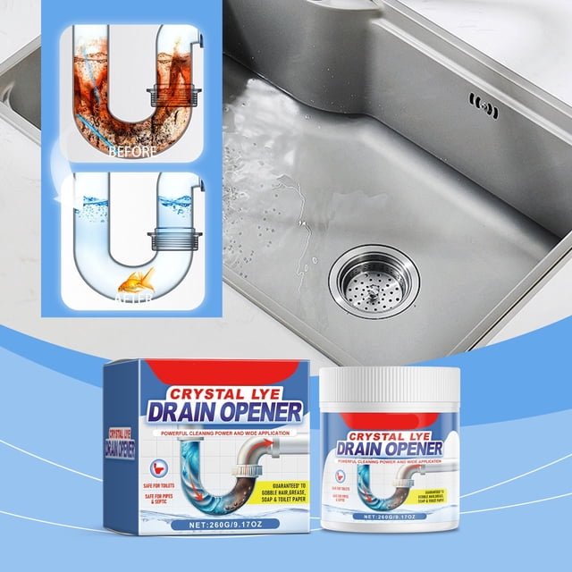 Jpxdew Drano Alternative Drain Cleaner Powder, 2-pack, displayed with its packaging and a visual demonstration of its pipe-unclogging capabilities. The image includes a stainless steel kitchen sink with clear water flow and a before-and-after depiction of a pipe showing clog removal. This non-corrosive powder is safe for pipelines and quickly dissolves blockages in bathroom and kitchen sinks.