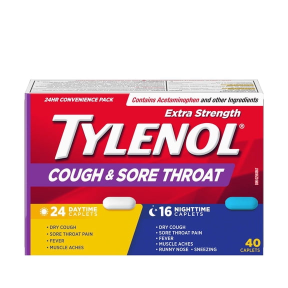 Extra Strength Tylenol Cough & Sore Throat Day & Night Caplets, Combo Pack for Dual-Symptom Relief of Your Worst Cough & Sore Throat Pain, Acetaminophen Pain Reliever, 40 count