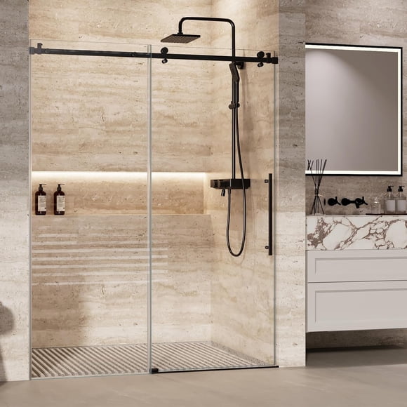 Ourlova Frameless Adjustable Shower Glass Door with Waterroof Seal Strip, Clear 5/16" (8mm) SGCC Tempered Glass, Stainless Steel Hardware (56-60" W x 72" H)