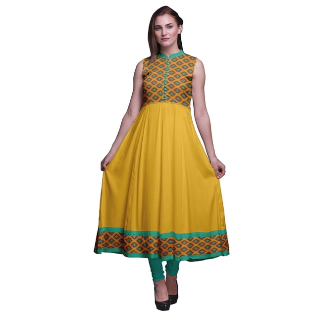 Bimba Robe Ikat Anarkali Goldenrod2 pour Femmes, Kurti Imprimée Ethnique Indienne, Longue Kurta, Robe de Fête, XX-Grand