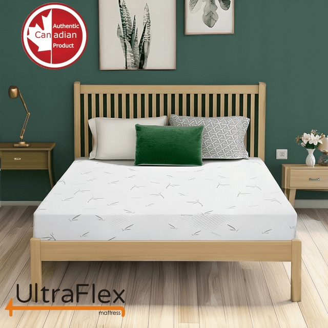 UltraFlex RestEasy reversible gel-infused foam mattress displayed on a wooden bed frame in a modern bedroom with green walls. The mattress features a bamboo-patterned cover and medium firmness, ideal for bunk beds, trundle beds, caravans, and RVs. Made in Canada, it is CertiPUR-US® certified, hypoallergenic, and designed for cooling comfort with low motion transfer. Ships in a convenient box.