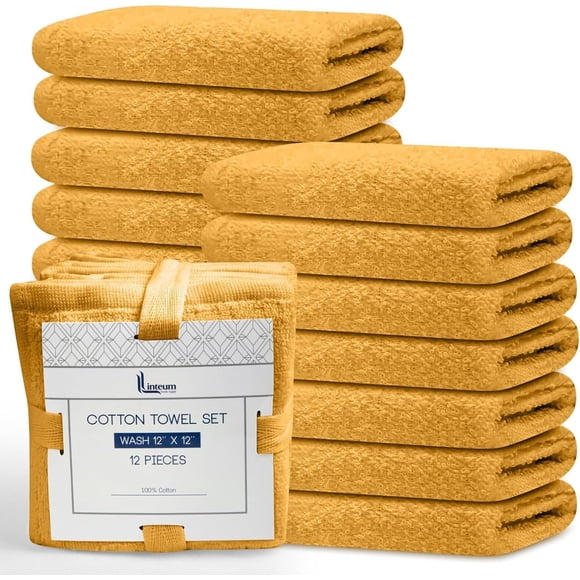 Linteum Textile Supply Linteum Textile Premium Wash Cloths Set - 12x12 Inches (12 Pack) Mustard - 100% Cotton Ring Spun Washcloths, Highly Absorbent & Soft Feel Face Towels for B