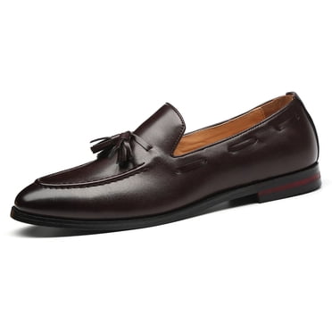 Santimon Men Tassels Loafers Slip On Casual Slipper Flats Leather Shoes Brown 7 US