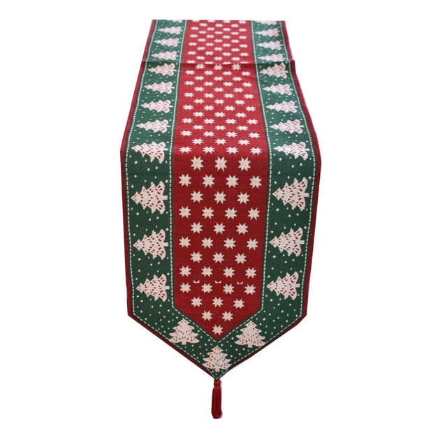 Chemin de Table en Tapisserie de Noël avec Panneau Central Rouge Présentant des motifs d'Étoiles Blanches et des Bordures Vertes Décorés de motifs d'Arbre de Noël Blancs, Fini avec un Pompon Rouge à l'Extrémité Pointue, Idéal pour les Dressages de Table Festifs des Fêtes et un Décor Saisonnier Polyvalent.