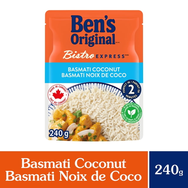 BEN'S ORIGINAL BISTRO EXPRESS Coconut Flavoured Rice Side Dish 240g pouch with orange and blue packaging featuring basmati coconut rice and curry, made in Canada, microwaveable in 2 minutes, free from artificial colours and preservatives, suitable for quick Indian-style meals.