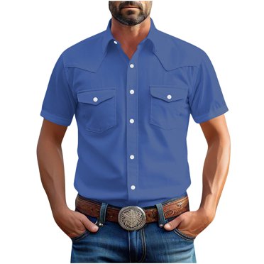 Fengqque Chemise Tissée Décontractée à Manches Courtes pour Homme, Boutonnée, Deux Poches Poitrine, Bleu G(L)