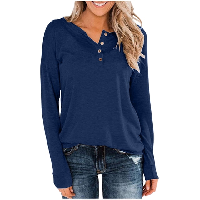 Timegard Womens Tops Long Sleeve Notched V-Neck Button Comfy Tee Fall Casual Loose Shirts Tops Blouse