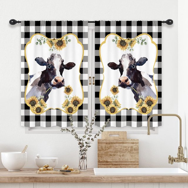 ORUYROP Farmhouse Cow Kitchen Curtains 55x39 Inch Rod Pocket Short Small Sunflower Farm Animal Cattle Rustic Black White Buffalo Check Plaid Living Room Bedroom Window Drapes Treatment 2 Panel