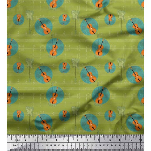 Soimoi Poly Georgette Fabric Notes & Guitar Musical Instrument Print Fabric by the Yard 42 Inch Wide