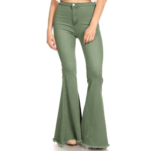Feinuhan Women's High Waist Flared Bell Bottom Jeans, Green, Medium