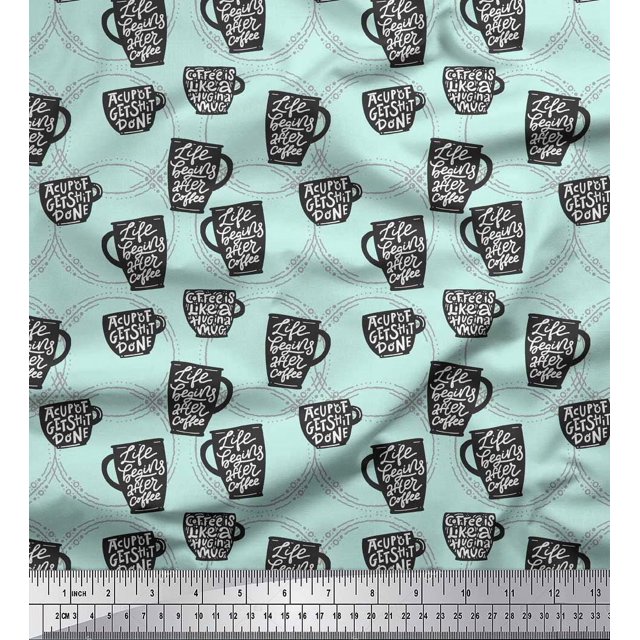 Soimoi Green Poly Georgette Fabric Life Begins After Coffee Text Fabric Prints By Yard 52 Inch Wide